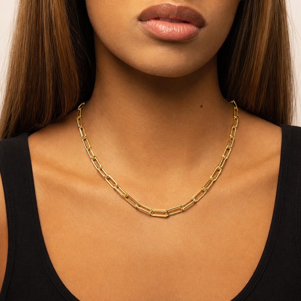 Gold Paperclip Necklace worn close-up